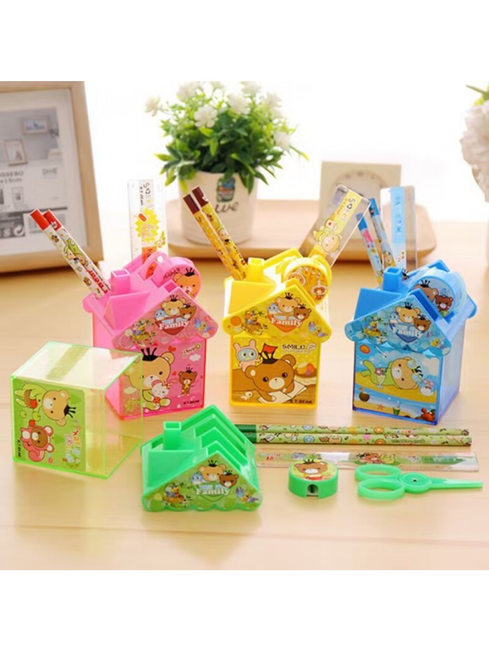 Wholesale 6-piece creative small house design plastic handheld pen holder Kids stationery set birthday gift