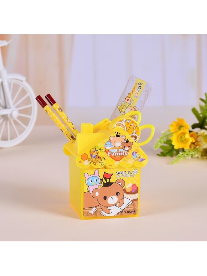 Wholesale 6-piece creative small house design plastic handheld pen holder Kids stationery set birthday gift