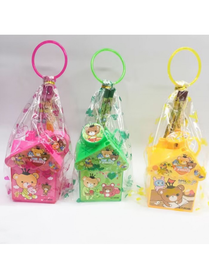 Wholesale 6-piece creative small house design plastic handheld pen holder Kids stationery set birthday gift