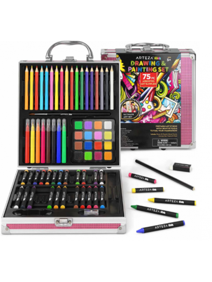 75 Pieces Deluxe Drawing Art Set Kids School Drawing Art Stationery Painting Set in Aluminum Case（2 colors）